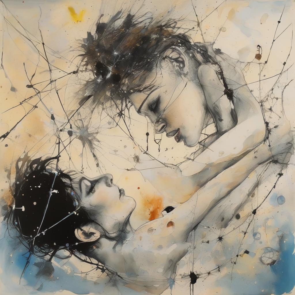 Two lovers embrace in abstract art.