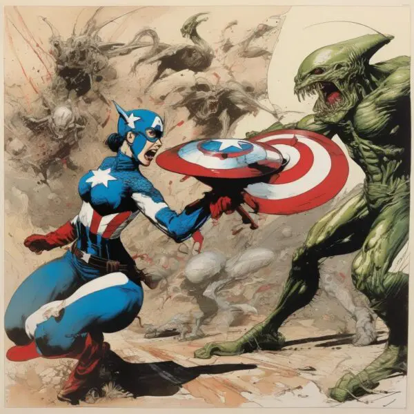 Captain America fights green monster with shield.