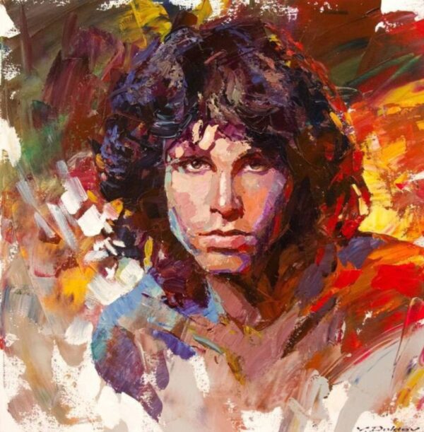 Jim Morrison portrait in colorful paint.