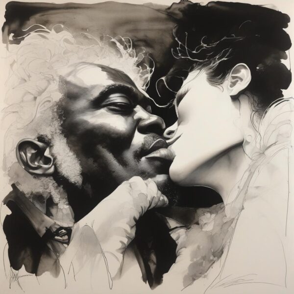 Black and white drawing of a couple kissing.