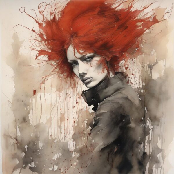 Watercolor portrait of a woman with red hair.