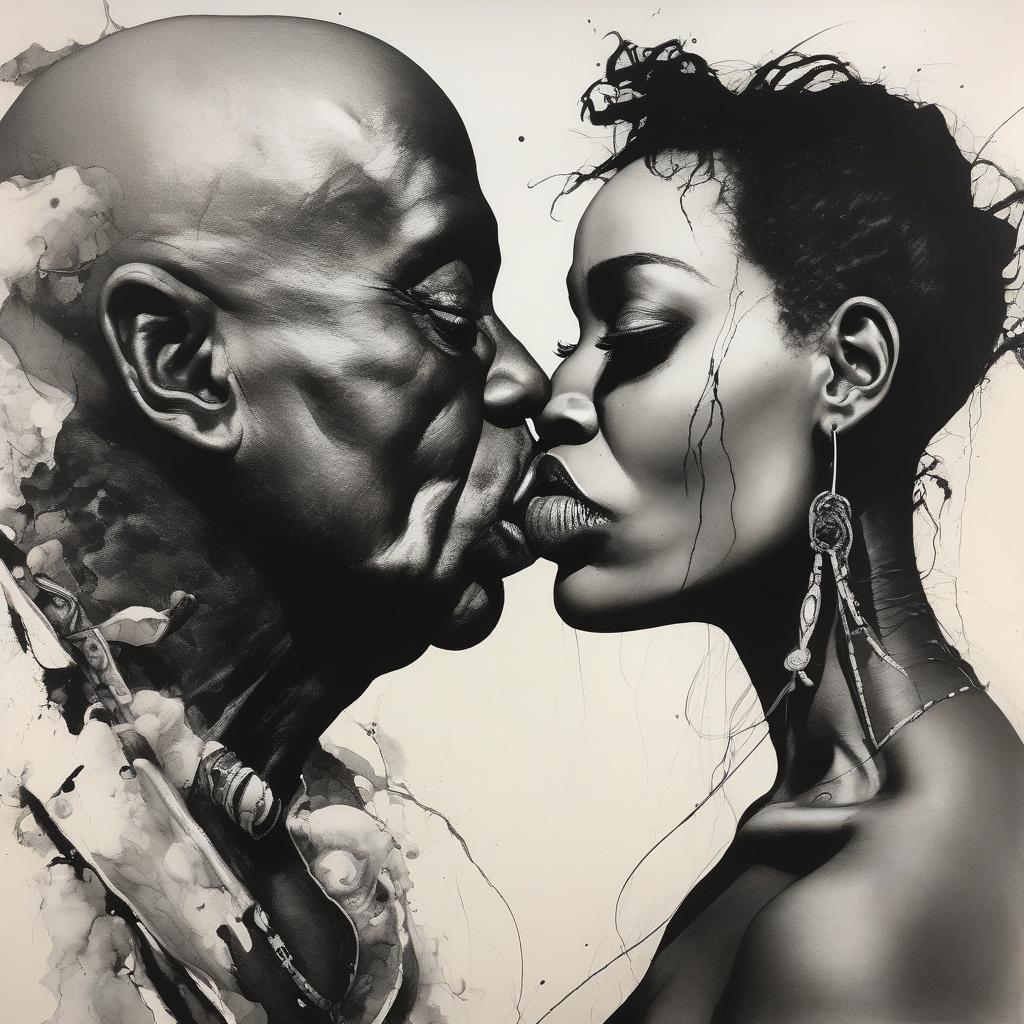 Black and white drawing of a couple kissing.