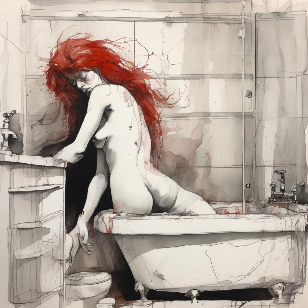 Woman with red hair in a bathtub.