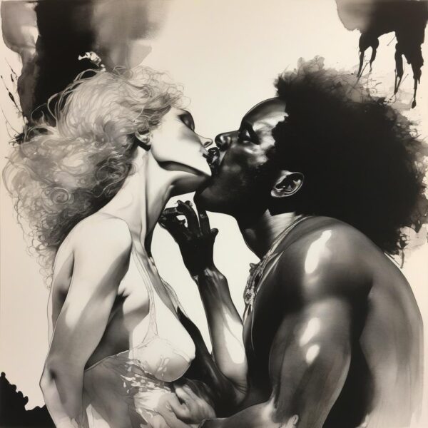 Black and white illustration of a couple kissing.