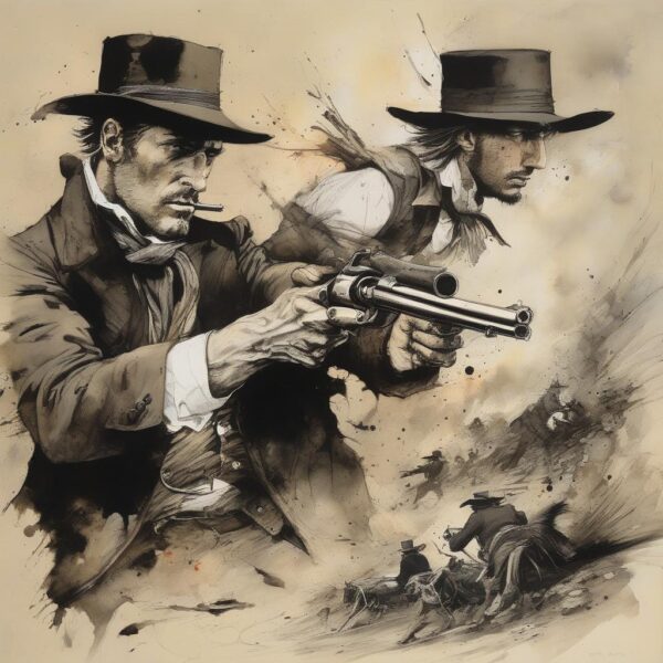 Two cowboys with guns in a shootout.