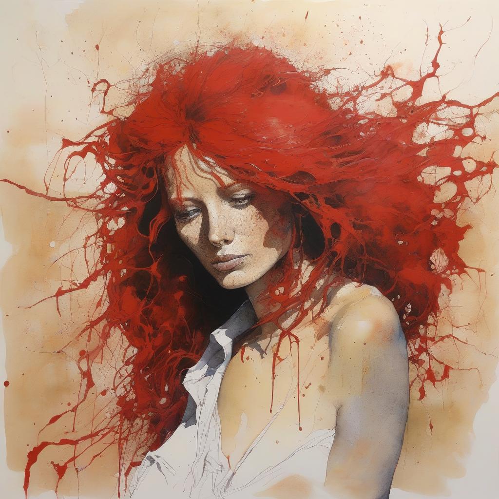 Woman with red hair and white shirt.